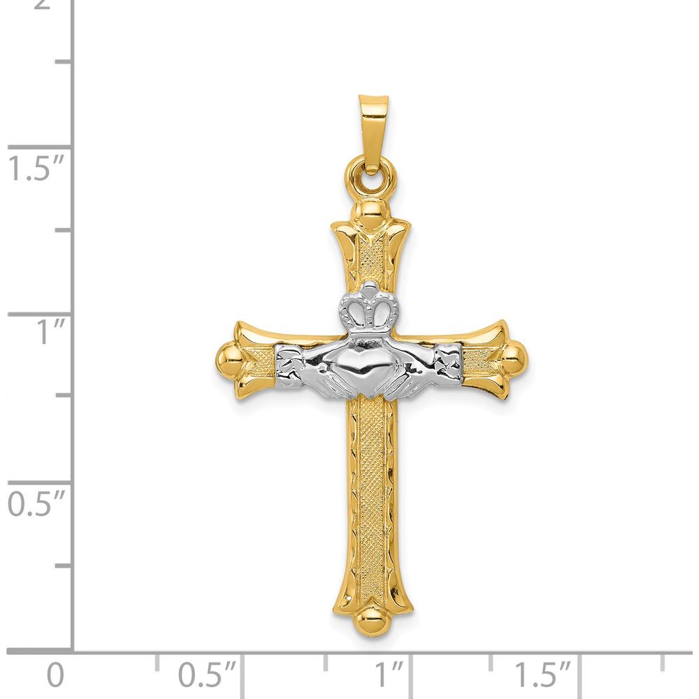 14K Two-Tone Gold Claddagh Cross Pendant with Textured Finish - 41mm Length by Oro Pregiato