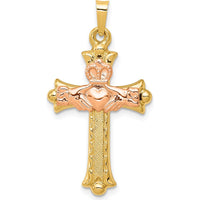 14K Two-Tone Gold Claddagh Cross Pendant with Textured Finish by Oro Pregiato