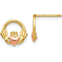 14K Two-Tone Gold Claddagh Post Earrings - Solid Gold Heart with Hands and Crown Detail by 0