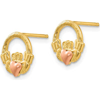 14K Two-Tone Gold Claddagh Post Earrings - Solid Gold Heart with Hands and Crown Detail by 0