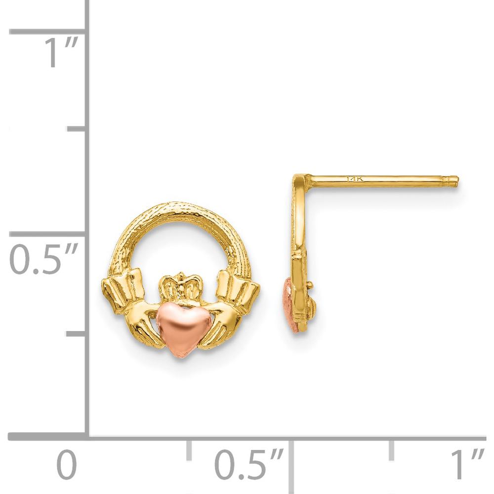 14K Two-Tone Gold Claddagh Post Earrings - Solid Gold Heart with Hands and Crown Detail by 0