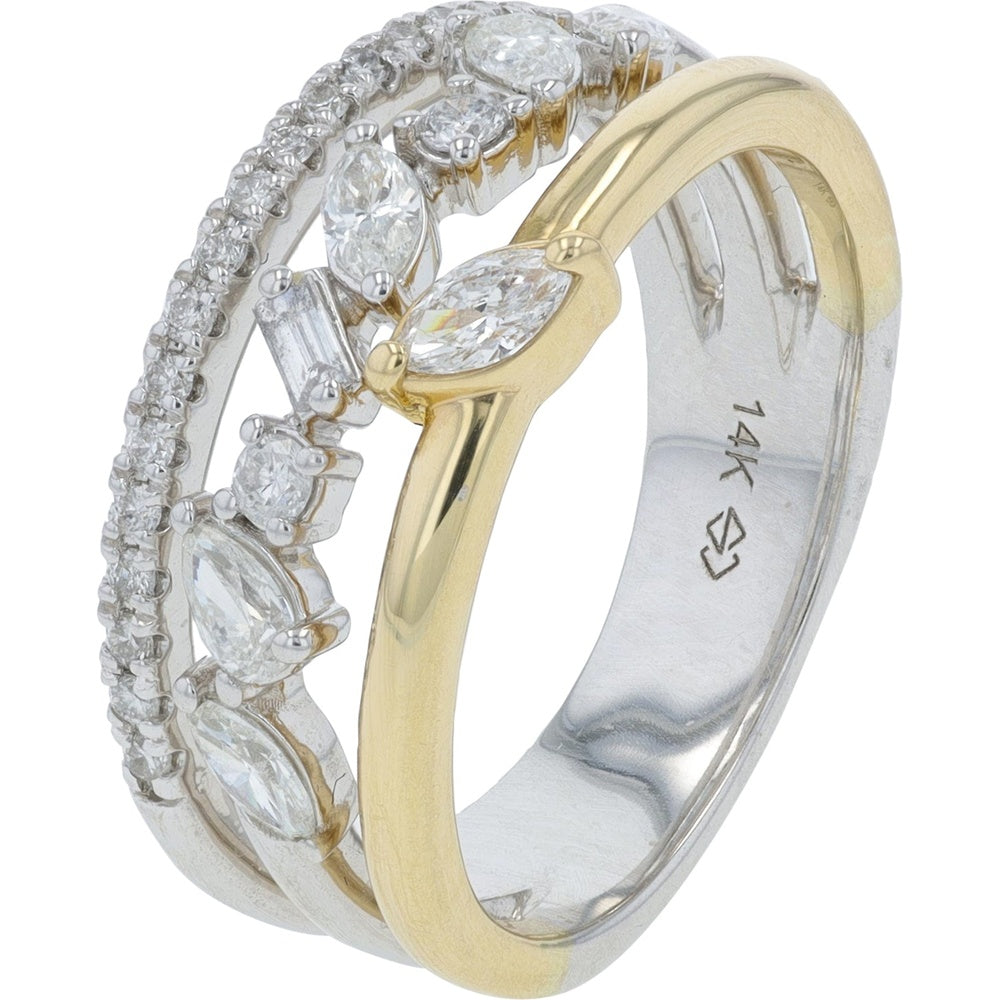 14K Two-Tone Gold Contemporary Ring with Marquise, Baguette, and Round Diamonds - 0.75 Carat Total Diamond Weight