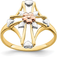 14K Two-Tone Gold Cross and Flower Ring with Polished Finish - A Timeless Symbol of Elegance by Oro Pregiato