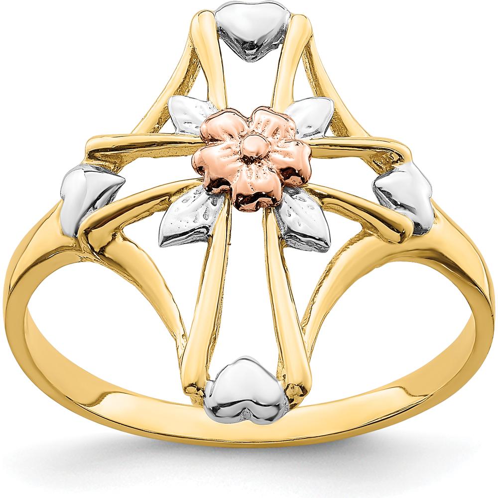 14K Two-Tone Gold Cross and Flower Ring with Polished Finish - A Timeless Symbol of Elegance by Oro Pregiato