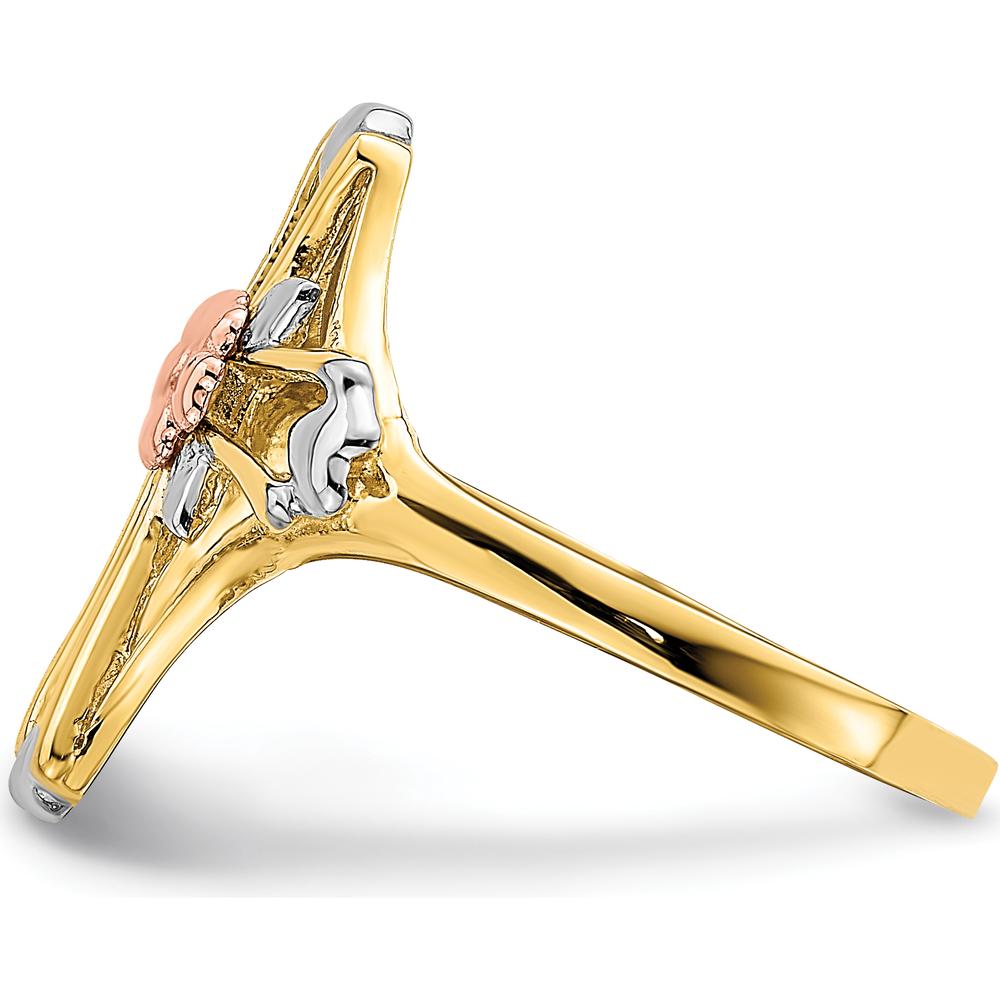 14K Two-Tone Gold Cross and Flower Ring with Polished Finish - A Timeless Symbol of Elegance by Oro Pregiato