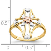 14K Two-Tone Gold Cross and Flower Ring with Polished Finish - A Timeless Symbol of Elegance by Oro Pregiato