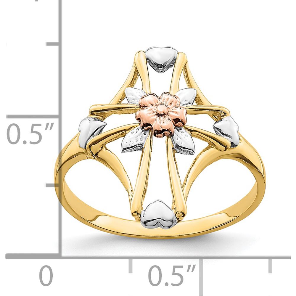 14K Two-Tone Gold Cross and Flower Ring with Polished Finish - A Timeless Symbol of Elegance by Oro Pregiato