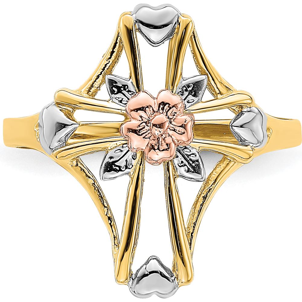 14K Two-Tone Gold Cross and Flower Ring with Polished Finish - A Timeless Symbol of Elegance by Oro Pregiato
