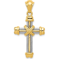 14K Two-Tone Gold Cross Pendant - Polished Textured Design, 40mm by Oro Pregiato