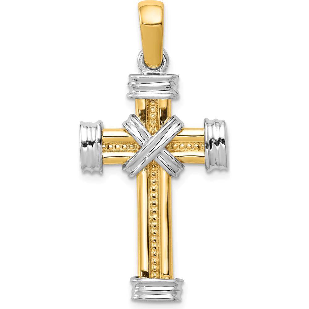 14K Two-Tone Gold Cross Pendant with Beaded Detail - 39mm Length by Oro Pregiato