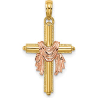 14K Two-Tone Gold Cross Pendant with Drape Charm - Polished Finish by Oro Pregiato