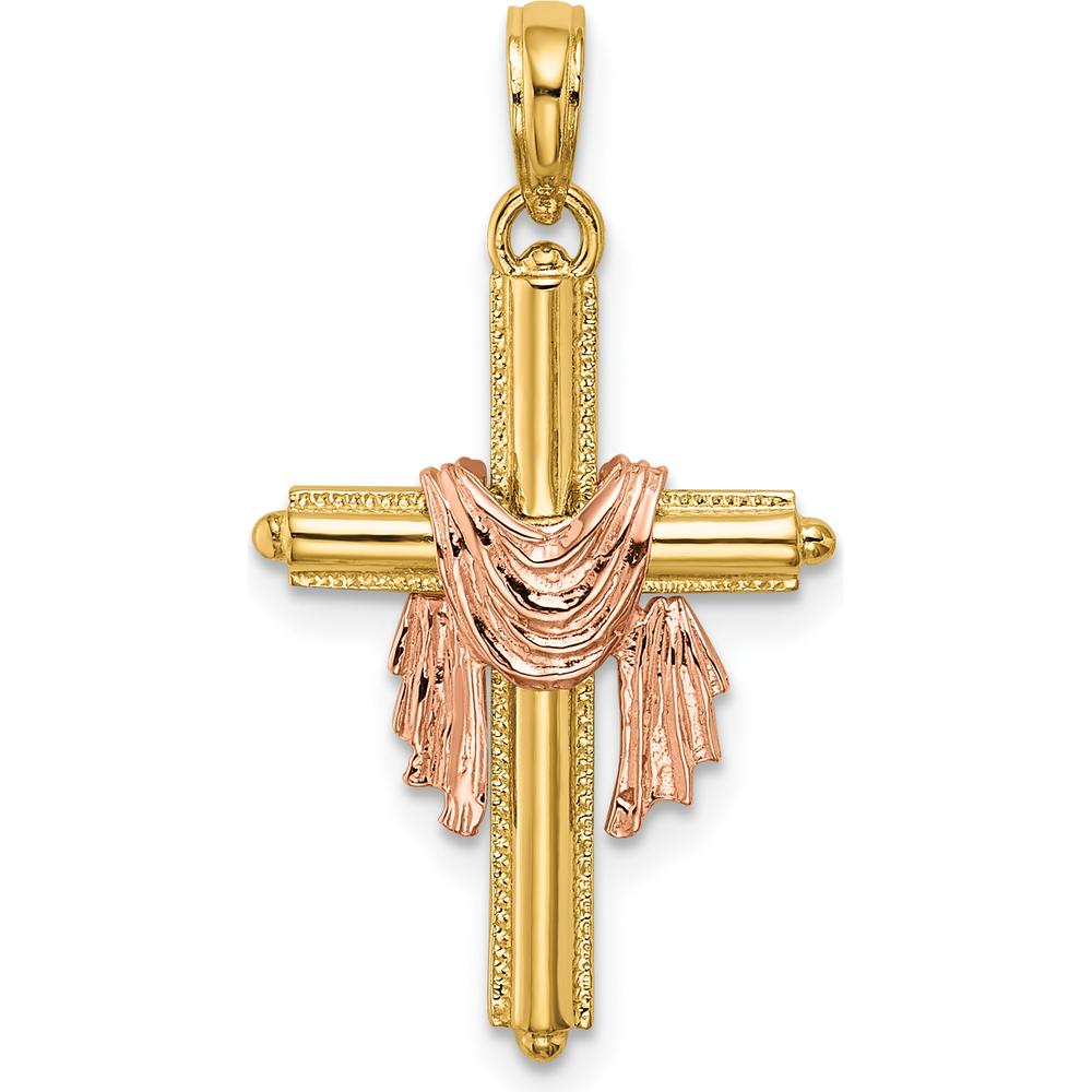 14K Two-Tone Gold Cross Pendant with Drape Charm - Polished Finish by Oro Pregiato