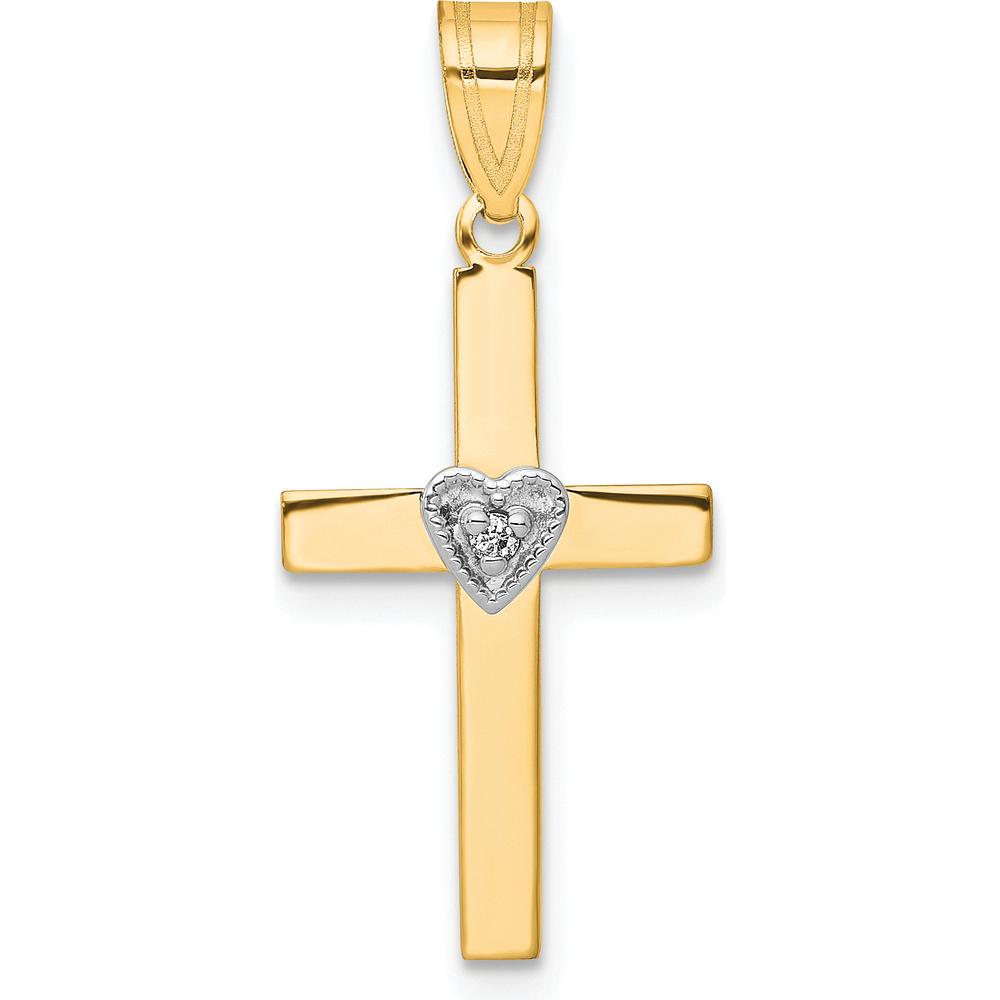 14K Two-Tone Gold Cross Pendant with Heart Accent and Round Diamond - 0.01 Carat Total Diamond Weight by Oro Pregiato