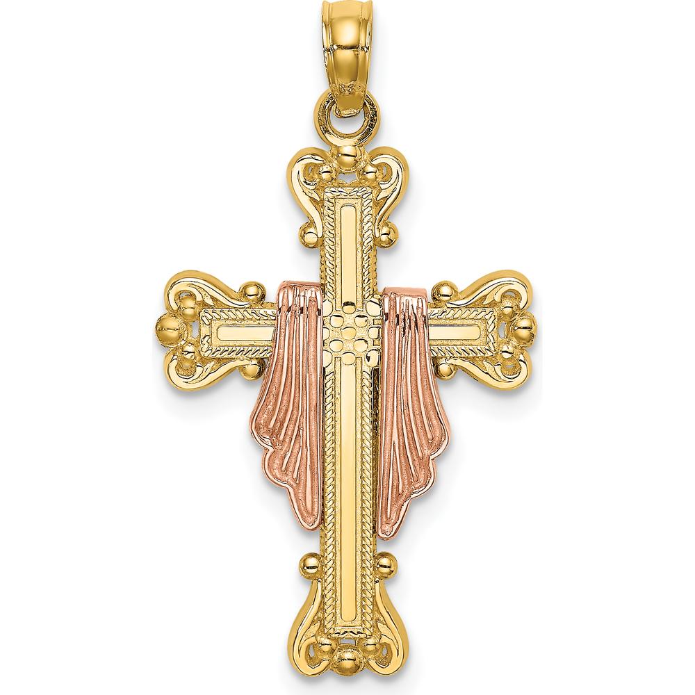 14K Two-Tone Gold Cross with Drape Charm Pendant - Polished Finish by Oro Pregiato