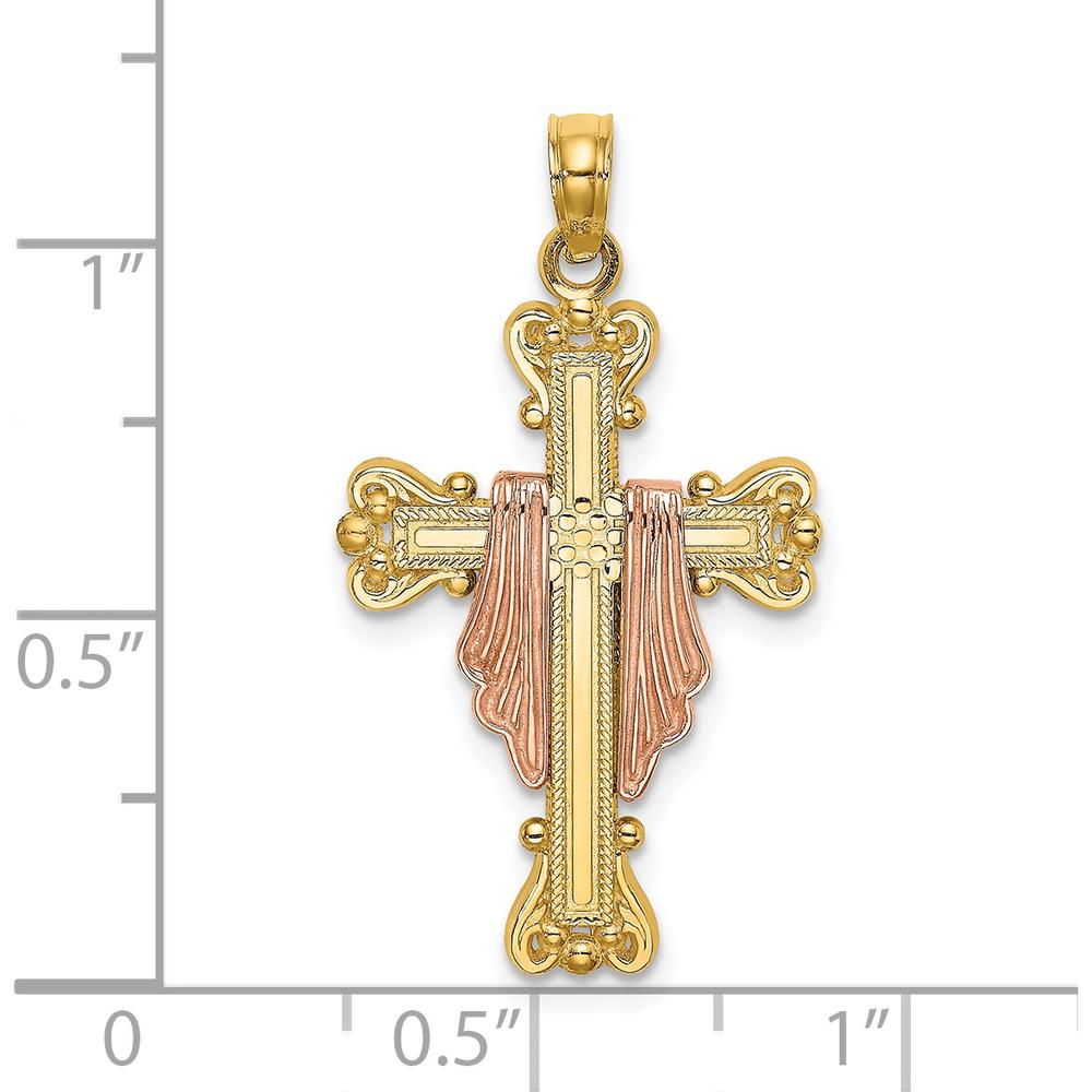 14K Two-Tone Gold Cross with Drape Charm Pendant - Polished Finish by Oro Pregiato