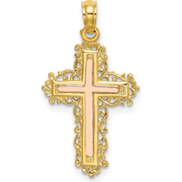 14K Two-Tone Gold Cross with Lace Trim Charm - 21.7mm Length by Oro Pregiato
