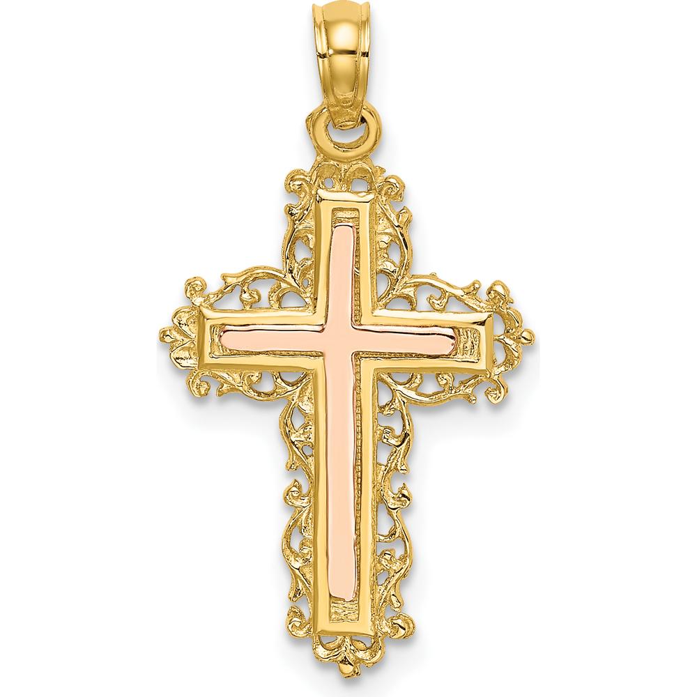 14K Two-Tone Gold Cross with Lace Trim Charm - 21.7mm Length by Oro Pregiato