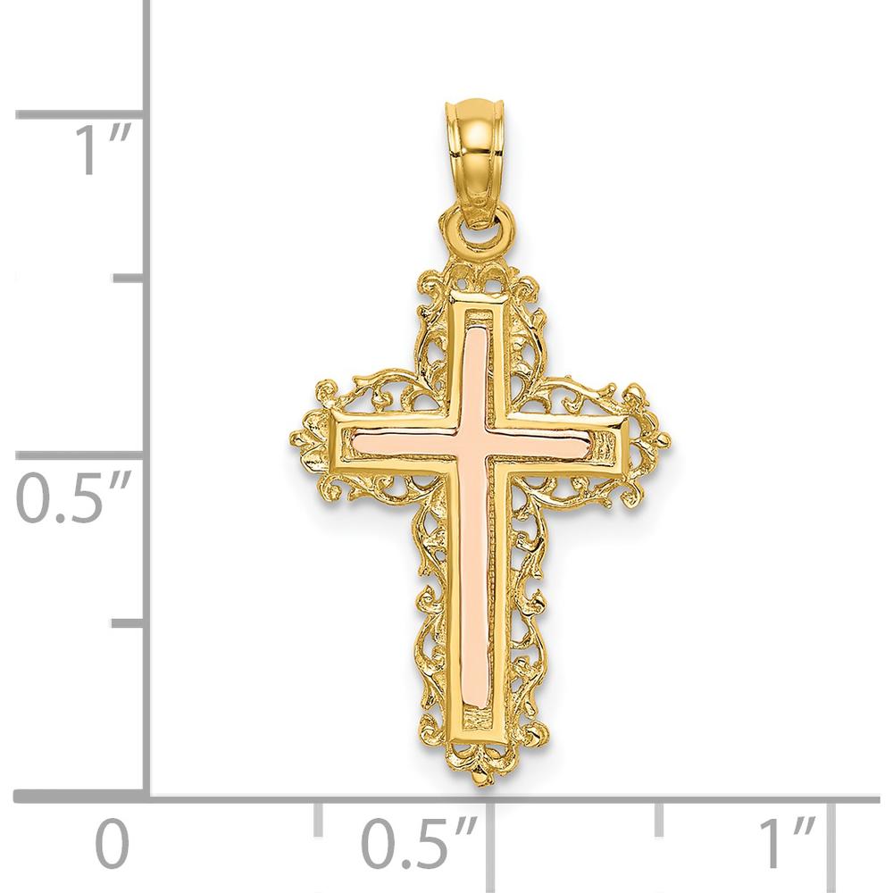 14K Two-Tone Gold Cross with Lace Trim Charm - 21.7mm Length by Oro Pregiato