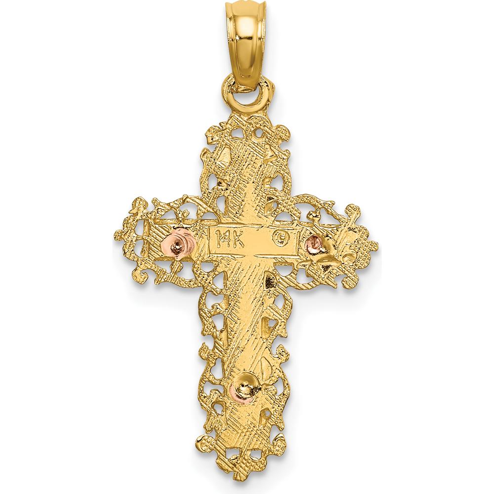 14K Two-Tone Gold Cross with Lace Trim Charm - 21.7mm Length by Oro Pregiato