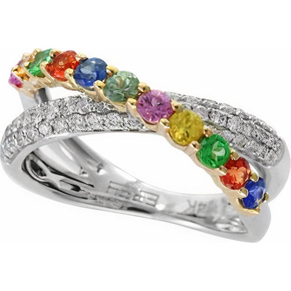 14K Two-Tone Gold Crossover Band with 1.06 Carat Multicolor Sapphires and 0.46 Carat Diamonds