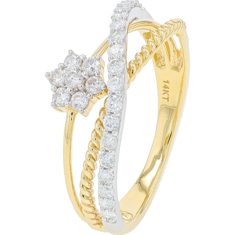14K Two-Tone Gold Crossover Ring with Floral Diamond Cluster and Twisted Rope Accent - 0.37 Carat Total Diamond Weight