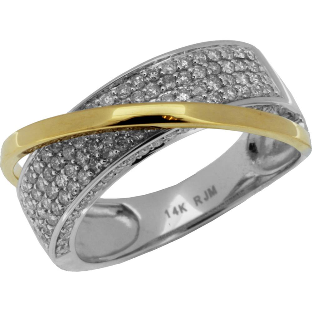 14K Two Tone Gold Crossover Wedding Band with Pave Set Round Diamonds - 0.70 Carat Total Diamond Weight - Royal Jewelry