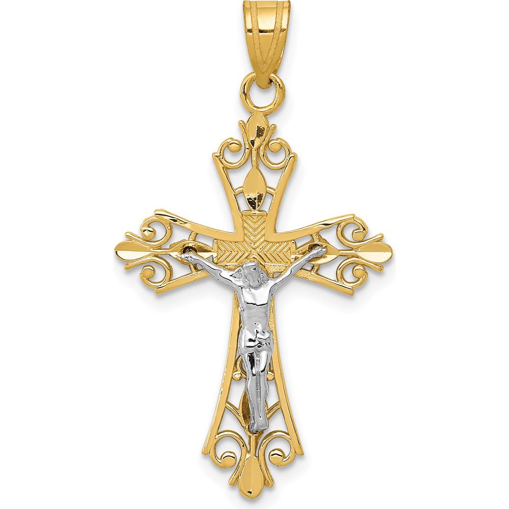 14K Two-Tone Gold Crucifix Pendant with Detailed Christ Figure - 35mm Length by Oro Pregiato