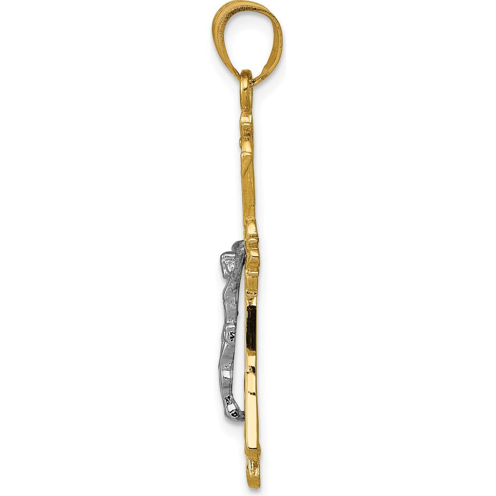 14K Two-Tone Gold Crucifix Pendant with Detailed Christ Figure - 35mm Length by Oro Pregiato