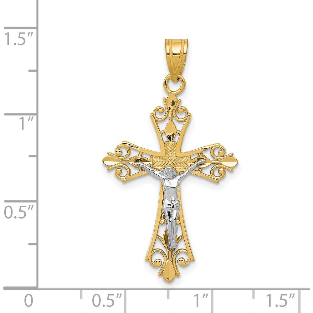 14K Two-Tone Gold Crucifix Pendant with Detailed Christ Figure - 35mm Length by Oro Pregiato