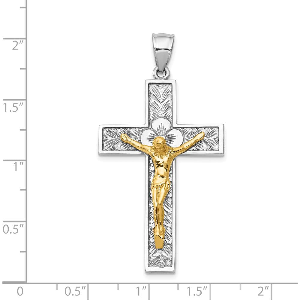 14K Two-Tone Gold Crucifix Pendant with Flower Center - 51mm Length by Oro Pregiato