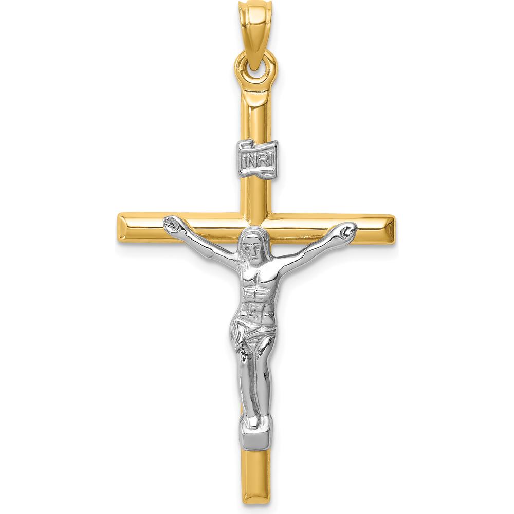 14K Two-Tone Gold Crucifix Pendant with Hollow Design - 43mm Length by Oro Pregiato