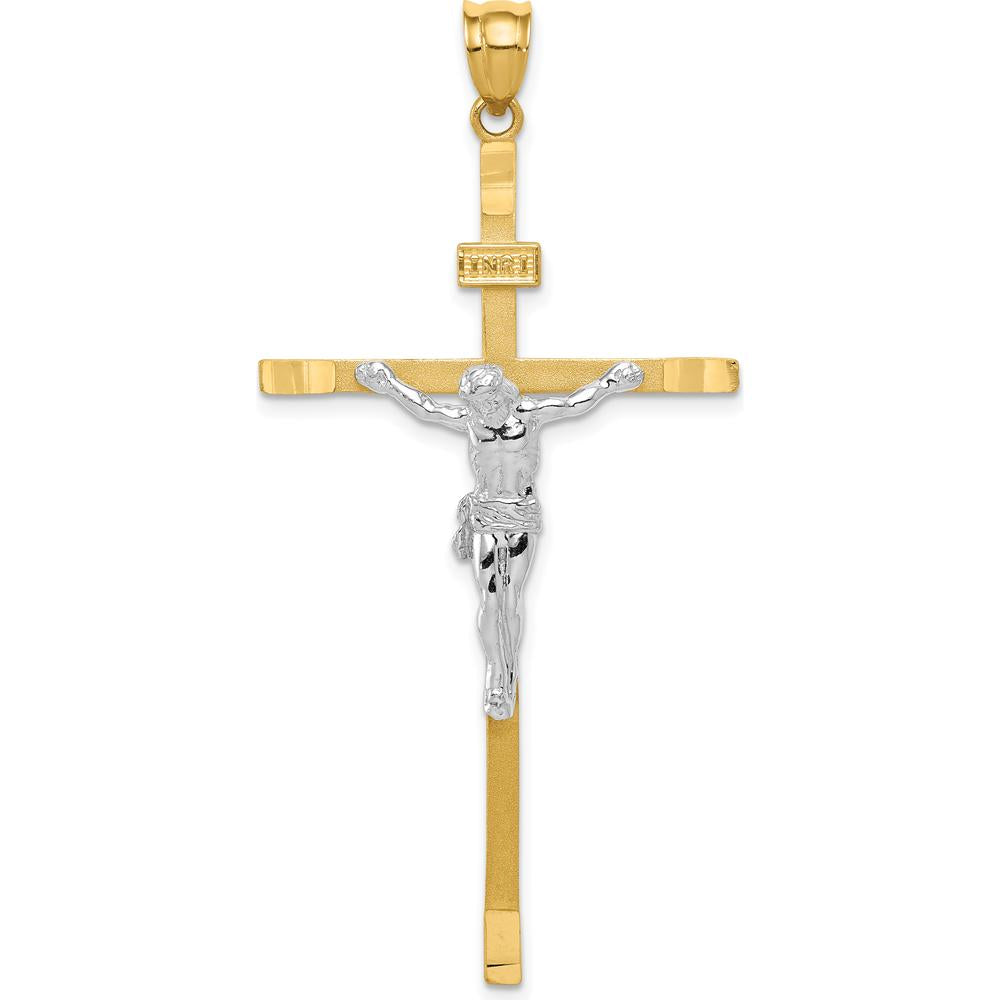 14K Two-Tone Gold Crucifix Pendant with Polished Finish and Textured Back - 55mm Length by Oro Pregiato