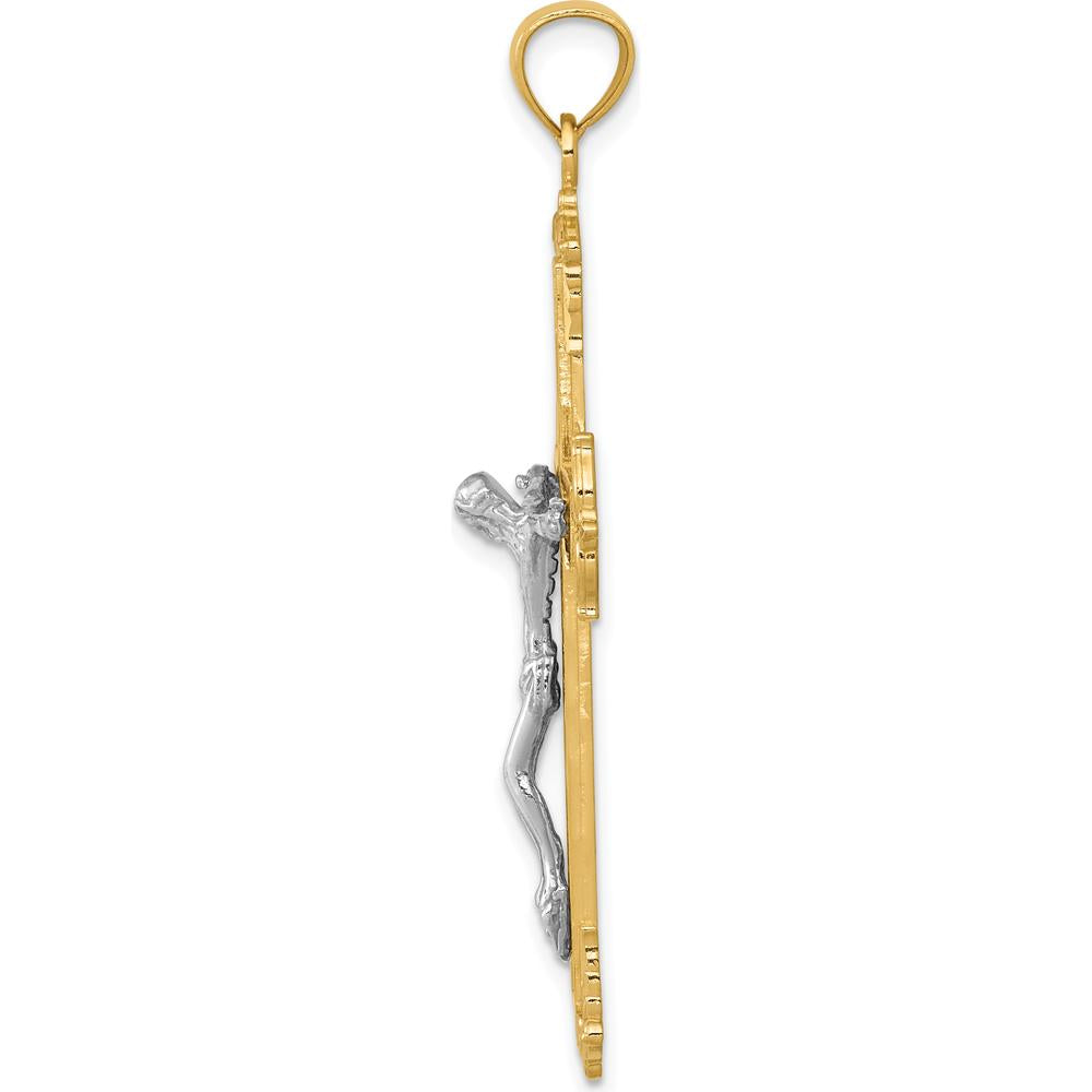 14K Two-Tone Gold Crucifix Pendant with Sculpted Christ Figure - 50mm Length, 28mm Width by Oro Pregiato