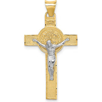 14K Two-Tone Gold Crucifix Pendant with St. Benedict Medal - Casted Design by Oro Pregiato