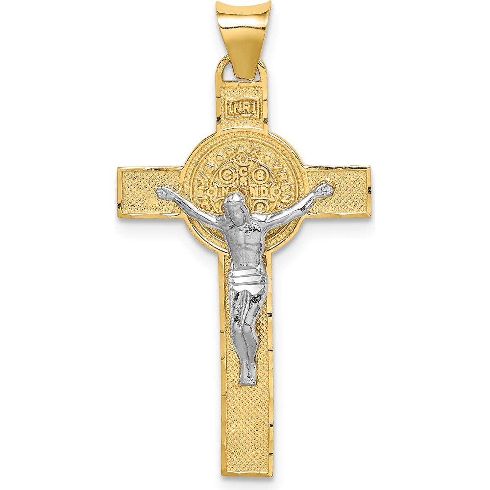 14K Two-Tone Gold Crucifix Pendant with St. Benedict Medal - Casted Design by Oro Pregiato