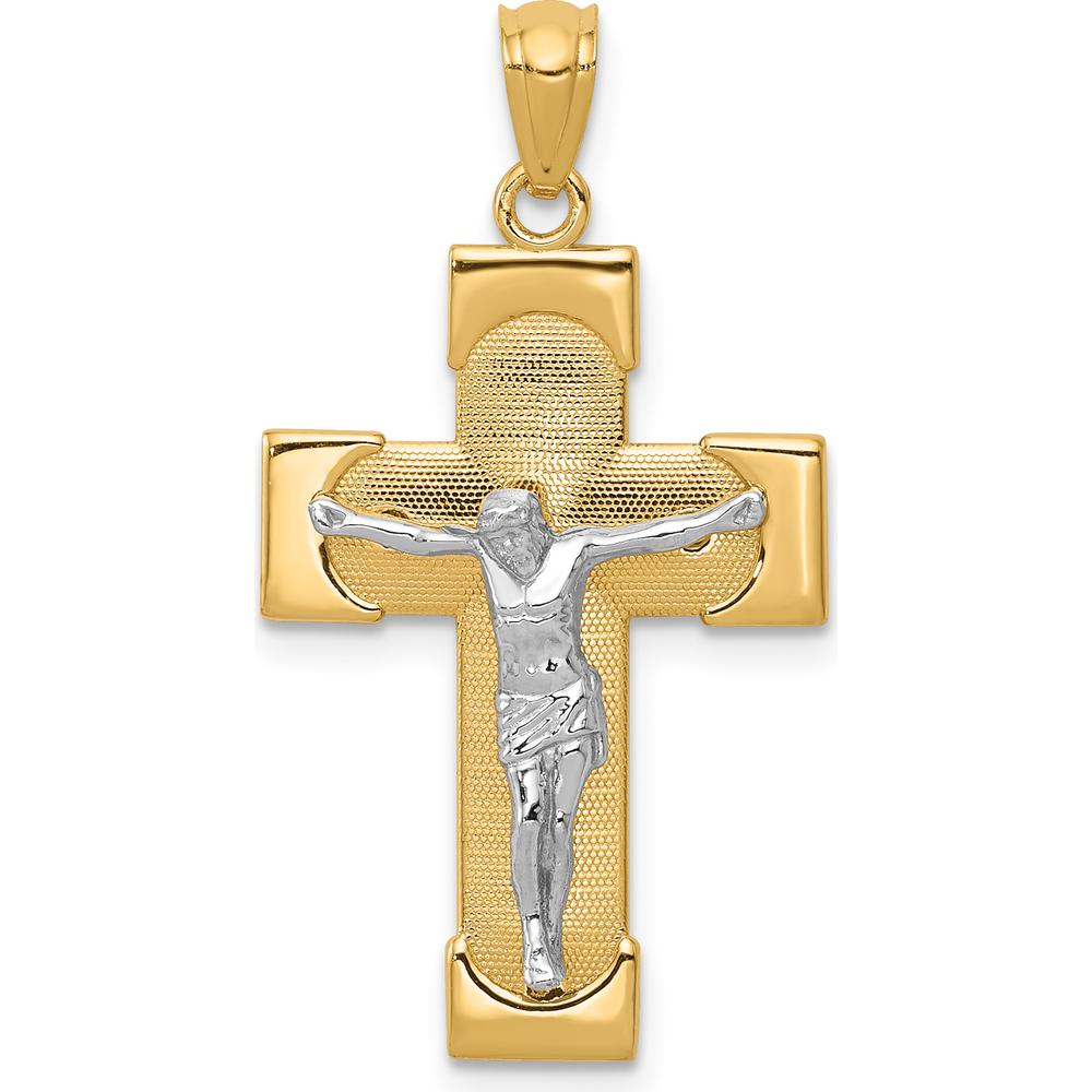 14K Two-Tone Gold Crucifix Pendant with Textured Cross Design - 30mm by Oro Pregiato