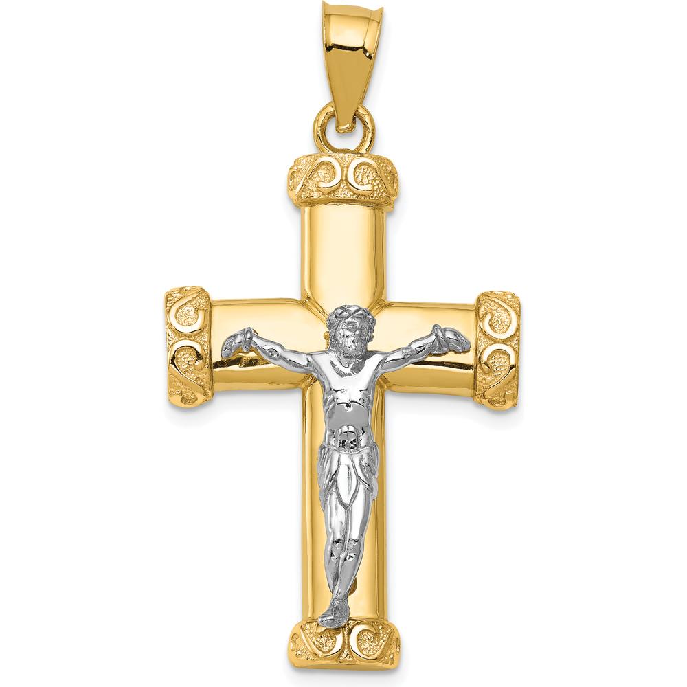 14K Two-Tone Gold Crucifix Pendant with Textured Detailing and White Gold Christ Figure by Oro Pregiato