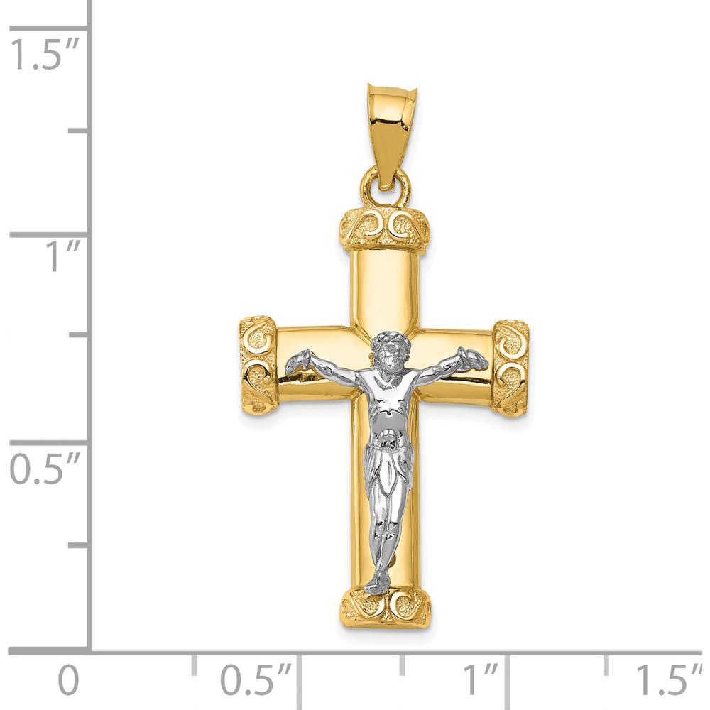 14K Two-Tone Gold Crucifix Pendant with Textured Detailing and White Gold Christ Figure by Oro Pregiato