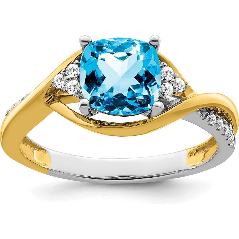 14K Two-Tone Gold Cushion Swiss Blue Topaz and Diamond Ring - 1.79 Carat Total Topaz Weight, 0.16 Carat Total Diamond Weight by 0