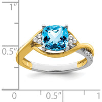 14K Two-Tone Gold Cushion Swiss Blue Topaz and Diamond Ring - 1.79 Carat Total Topaz Weight, 0.16 Carat Total Diamond Weight by 0