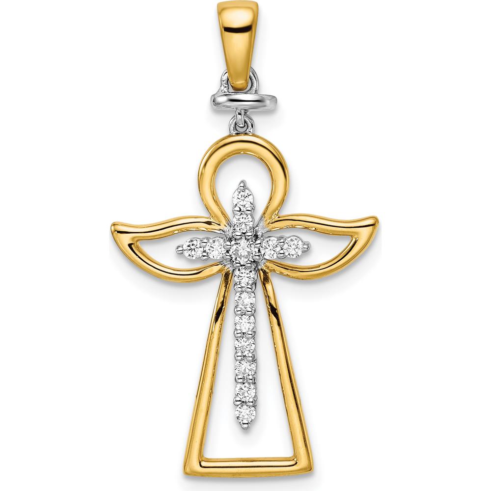 14K Two-Tone Gold Diamond Angel Cross Pendant - 1/5 Carat Total Diamond Weight by Oro Pregiato