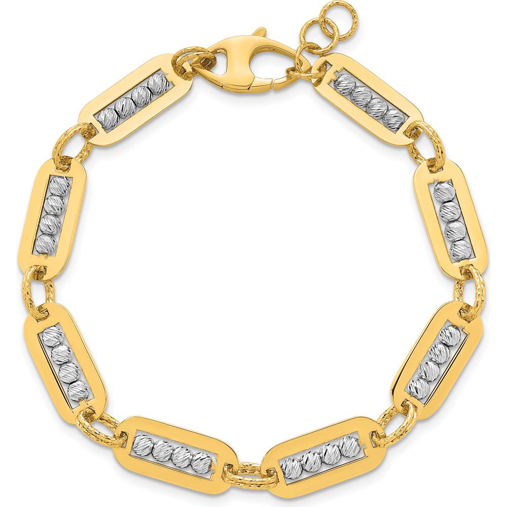 14K Two-Tone Gold Diamond-Cut Bead Bracelet with Lobster Clasp - 7.25" with 0.5" Extender by 0