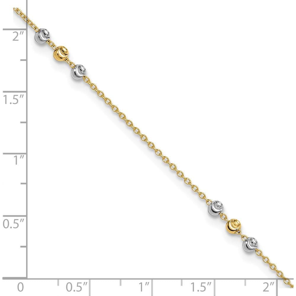 14K Two-Tone Gold Diamond-Cut Beaded 4-Station Anklet - 10" with Extender