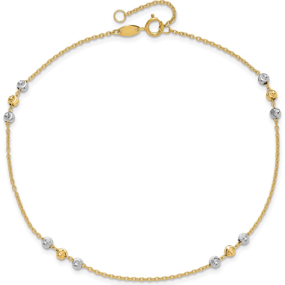 14K Two-Tone Gold Diamond-Cut Beaded 4-Station Anklet - 10" with Extender