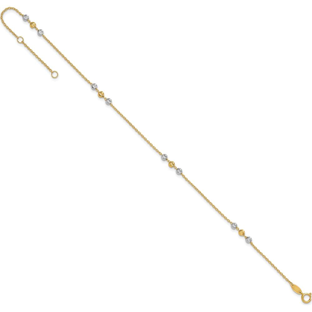 14K Two-Tone Gold Diamond-Cut Beaded 4-Station Anklet - 10" with Extender