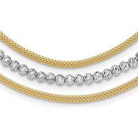 14K Two-Tone Gold Diamond-Cut Beads and Mesh Chain 3-Strand Bib Necklace with 2" Extender by 0