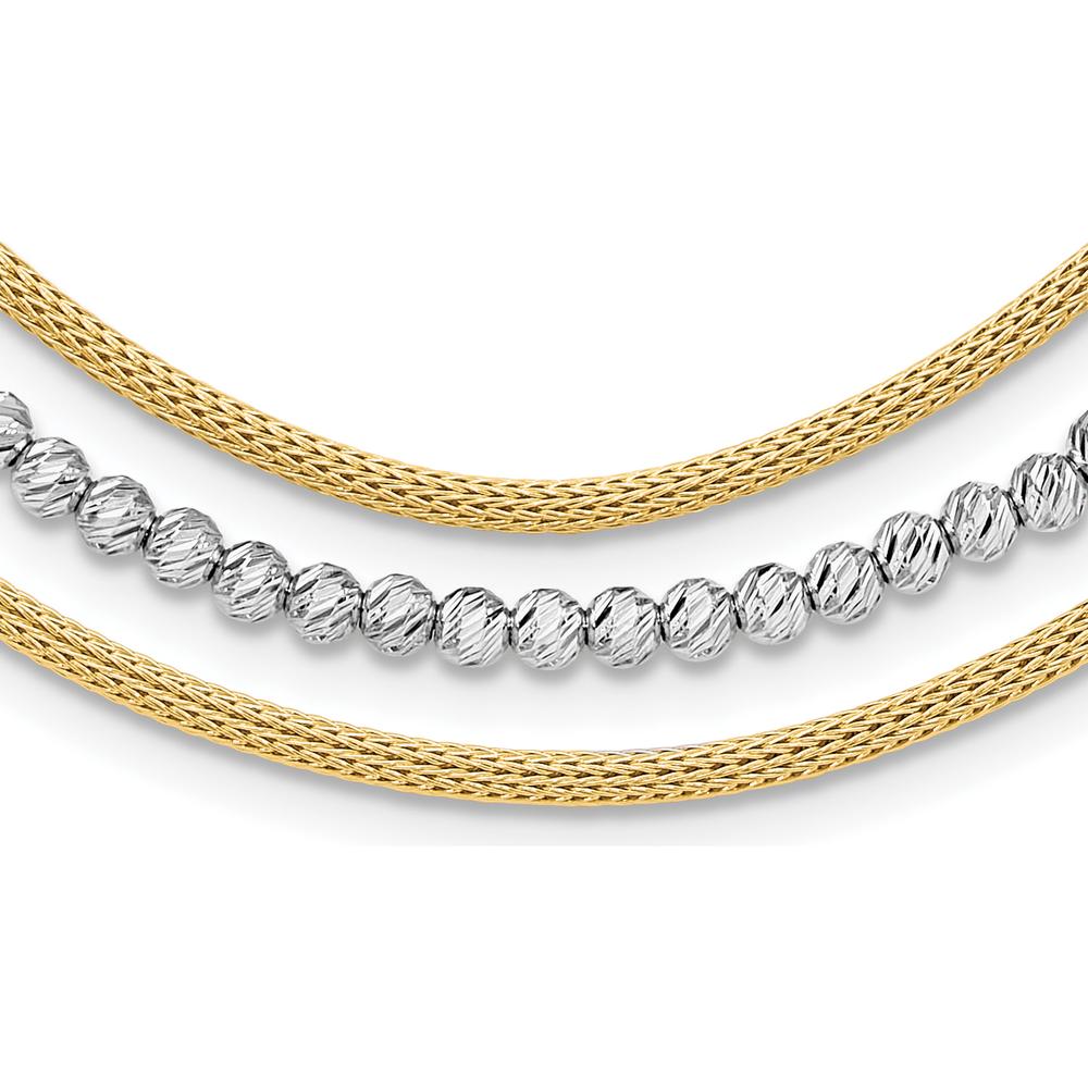 14K Two-Tone Gold Diamond-Cut Beads and Mesh Chain 3-Strand Bib Necklace with 2" Extender by 0