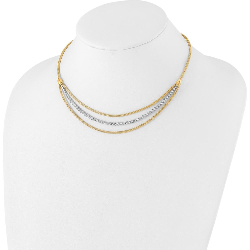 14K Two-Tone Gold Diamond-Cut Beads and Mesh Chain 3-Strand Bib Necklace with 2" Extender by 0
