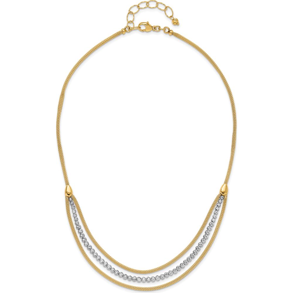 14K Two-Tone Gold Diamond-Cut Beads and Mesh Chain 3-Strand Bib Necklace with 2" Extender by 0