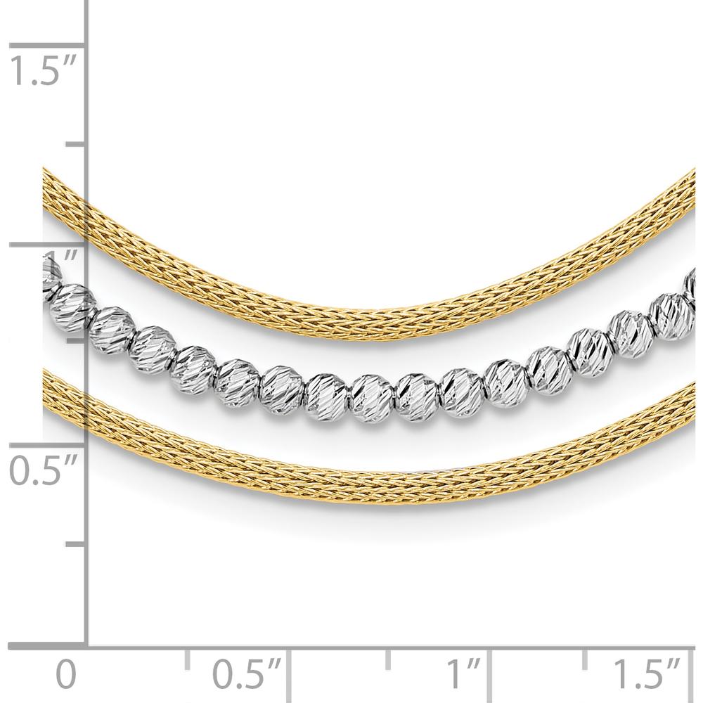 14K Two-Tone Gold Diamond-Cut Beads and Mesh Chain 3-Strand Bib Necklace with 2" Extender by 0